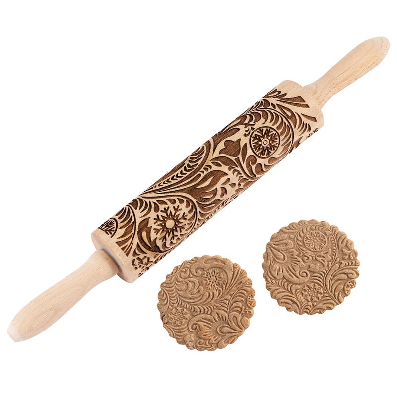 EVERMARKET Embossed Wooden Rolling Pin for Baking,Evermarket Deep Engraved Embossing Rolling Pin with Christmas Snowflake Flower Design for Baking Embossed Cookies,Cute Kitchen Decor DIY Tool for Adults - Image 1